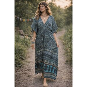 Karma Highway Blue Floral Hippie Boho Midi Tie Up Dress   Women's One Size